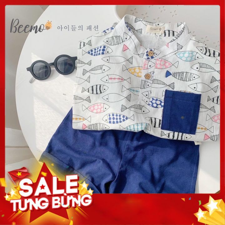 [Hàng Có Sẵn] Thời Trang Beemo Cho Bé - Set Bộ Sơ Mi Hình Cá Cho Bé (8-23kg)