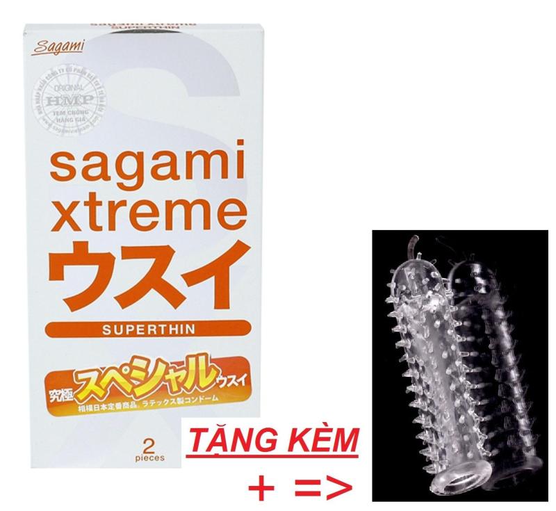 Bao cao su Sagami Xtreme SuperThin hộp 2 cái tặng kèm Bao cao su Gai Râu cao cấp