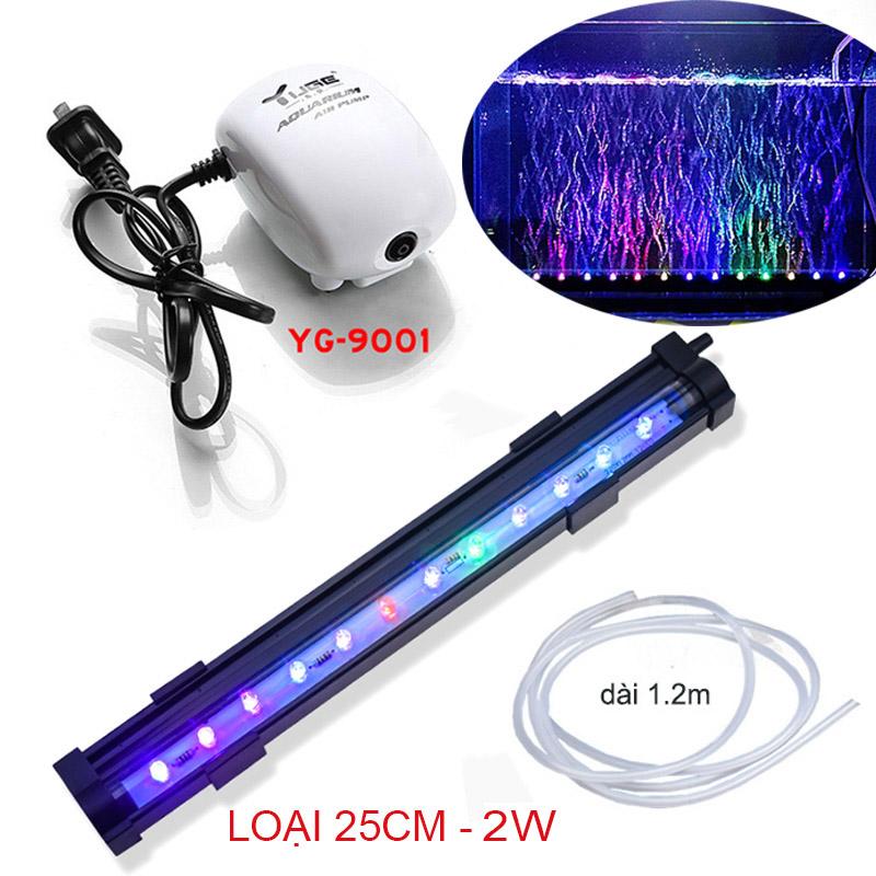 Bộ đèn LED đổi màu bể cá 25cm có đầu sủi bọt khí kèm máy tạo khí oxy cho bể cá