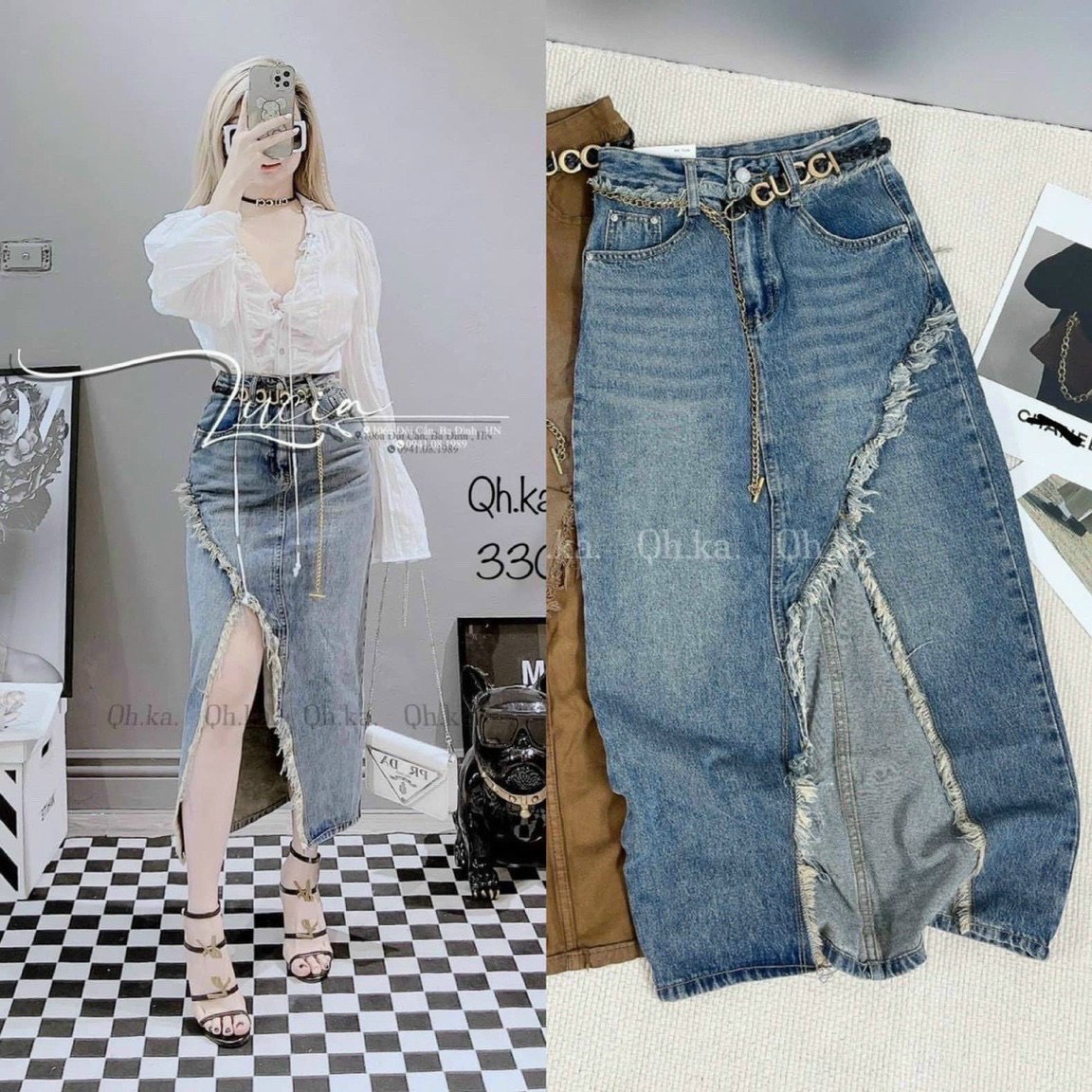 Chân váy jean cotton xẻ sườn xéo chất vải jean cao cấp l2849384