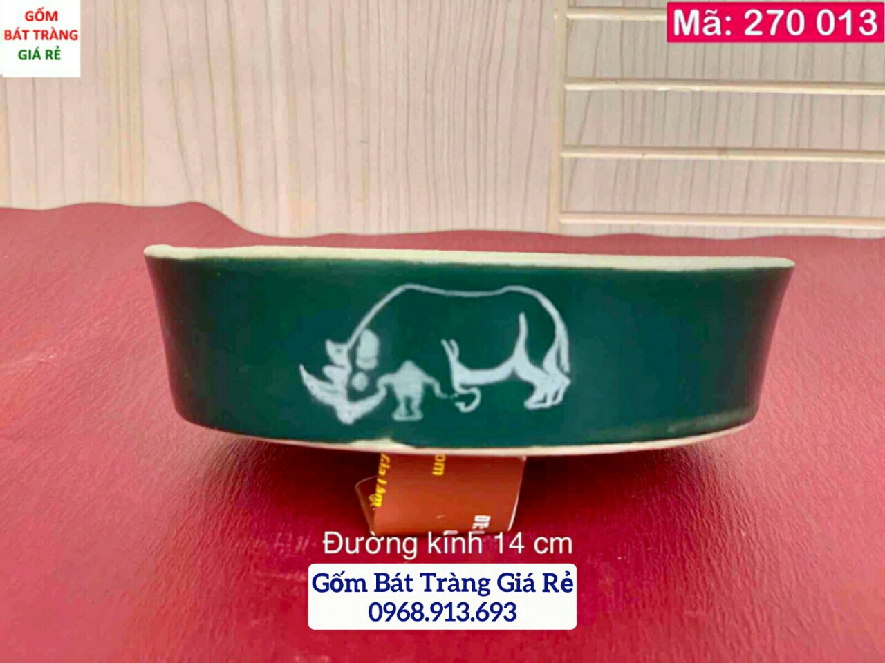 Đĩa mài sừng đường kính 14 cm, mã 270013, men xanh lục, gốm bát tràng