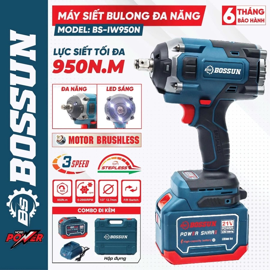 Bossun Bs-Iw950N Bolt Tightening Machine, 950Nm Tightening Force, Brushless Motor, 100% Copper Core, Transferable for Tightening and Opening of Trucks and Trailers. Giá 3,000,000 Đồng*Miễn phí vận chuyển