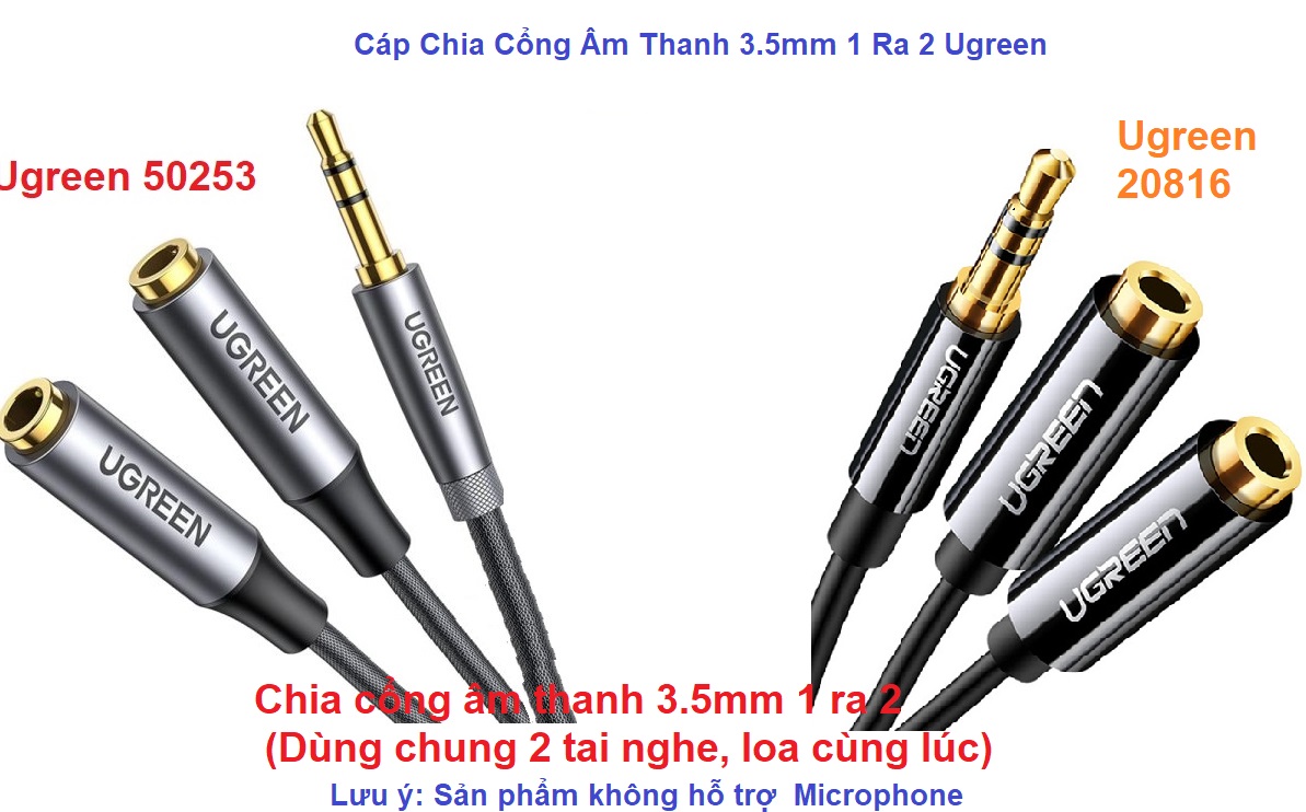Cáp Chia Cổng Âm Thanh 3.5mm 1 Ra 2 Ugreen ( 20816 , 50253 ) dài 20cm Chính Hãng