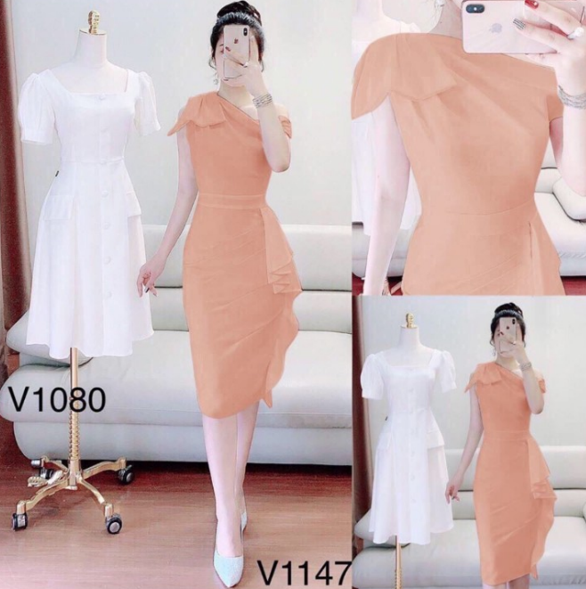 Đầm nơ bẹt vai bèo eo-QH