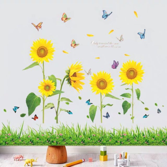 DECAL DÁN TƯỜNG HƯỚNG DƯƠNG VÀNG VÀ CHÂN TƯỜNG HOA CỎ
