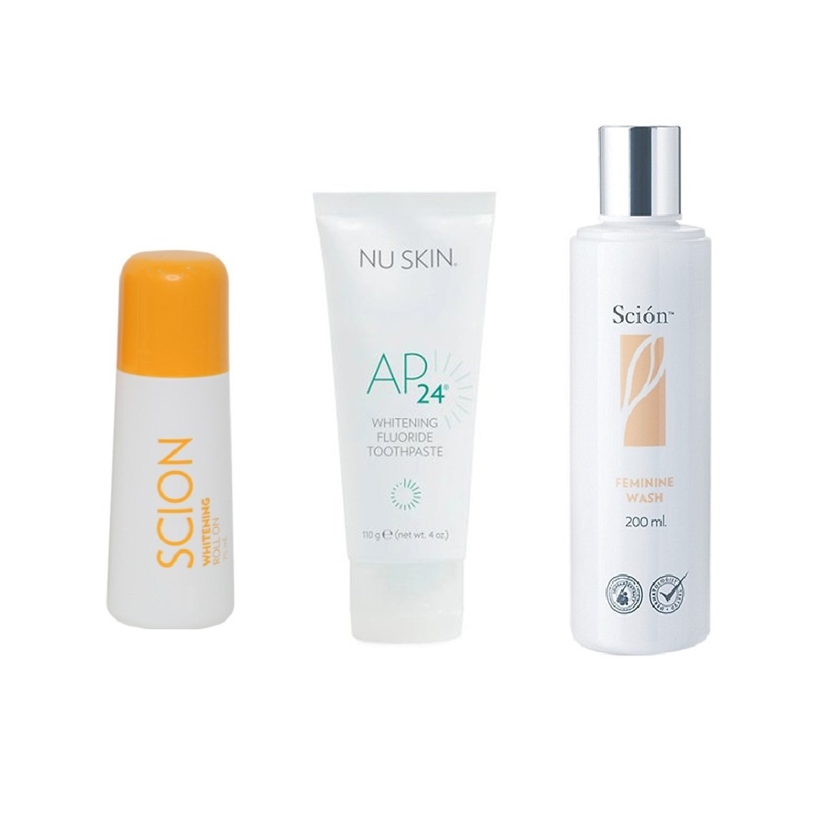 Combo Lăn Khử Mùi Scion Nuskin 75ml + Kem Đánh Răng Ap24 Whitening Fluoride Toothpaste 110g + Dung Dịch Vệ Sinh Phụ Nữ Nuskin Scion Feminine Wash Chính Hãng 200ml