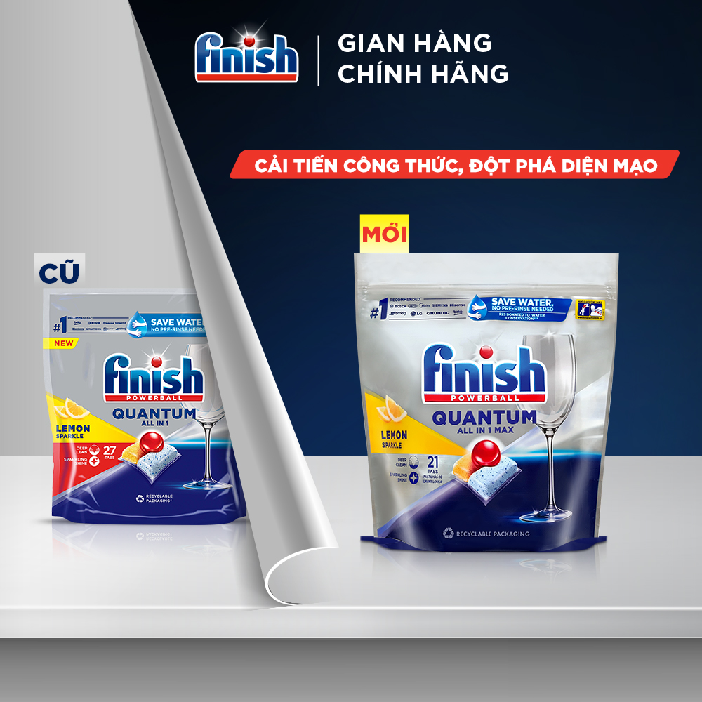 Combo 03 túi Viên Rửa Chén Bát Finish Powerball Quantum 21 viên