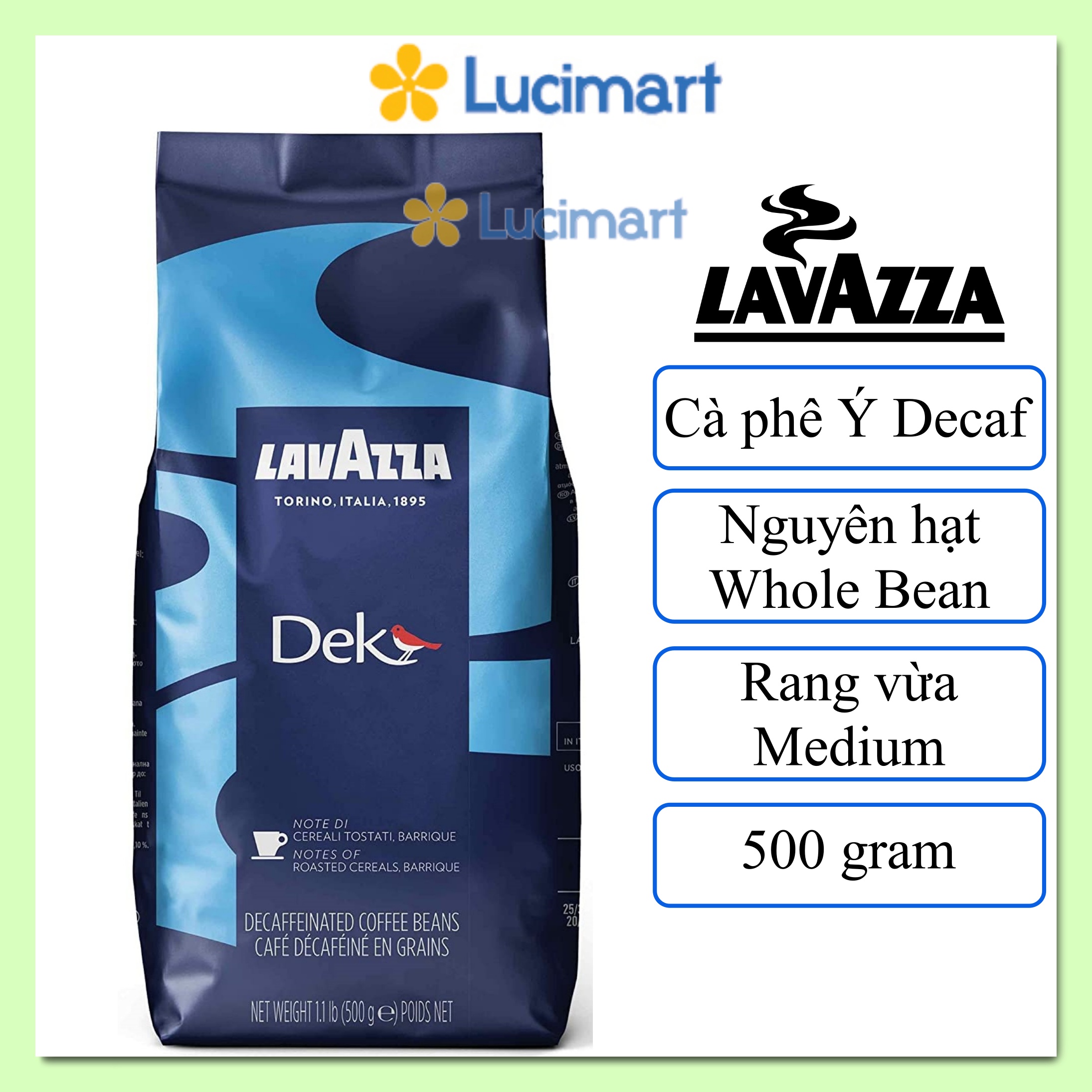 Cà phê Ý Lavazza Decaf nguyên hạt Dek Whole Bean Coffee, gói 500g