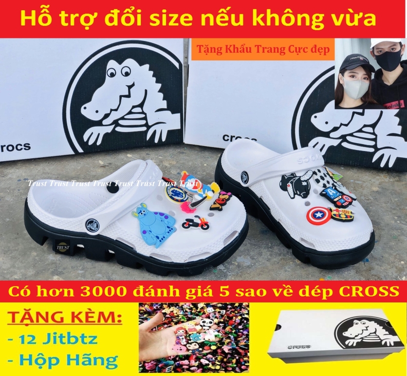 Dép sục Crocs duet quai ngang nam và nữ màu trắng đế đen, cá tính siêu nhẹ đi mưa đi nắng thoải mái chống trơn trượt, có nhiều lỗ thoát hơi thông thoáng, tặng kèm 12 jitbitz và hộp hãng - có hình thật và video tự quay giá rẻ