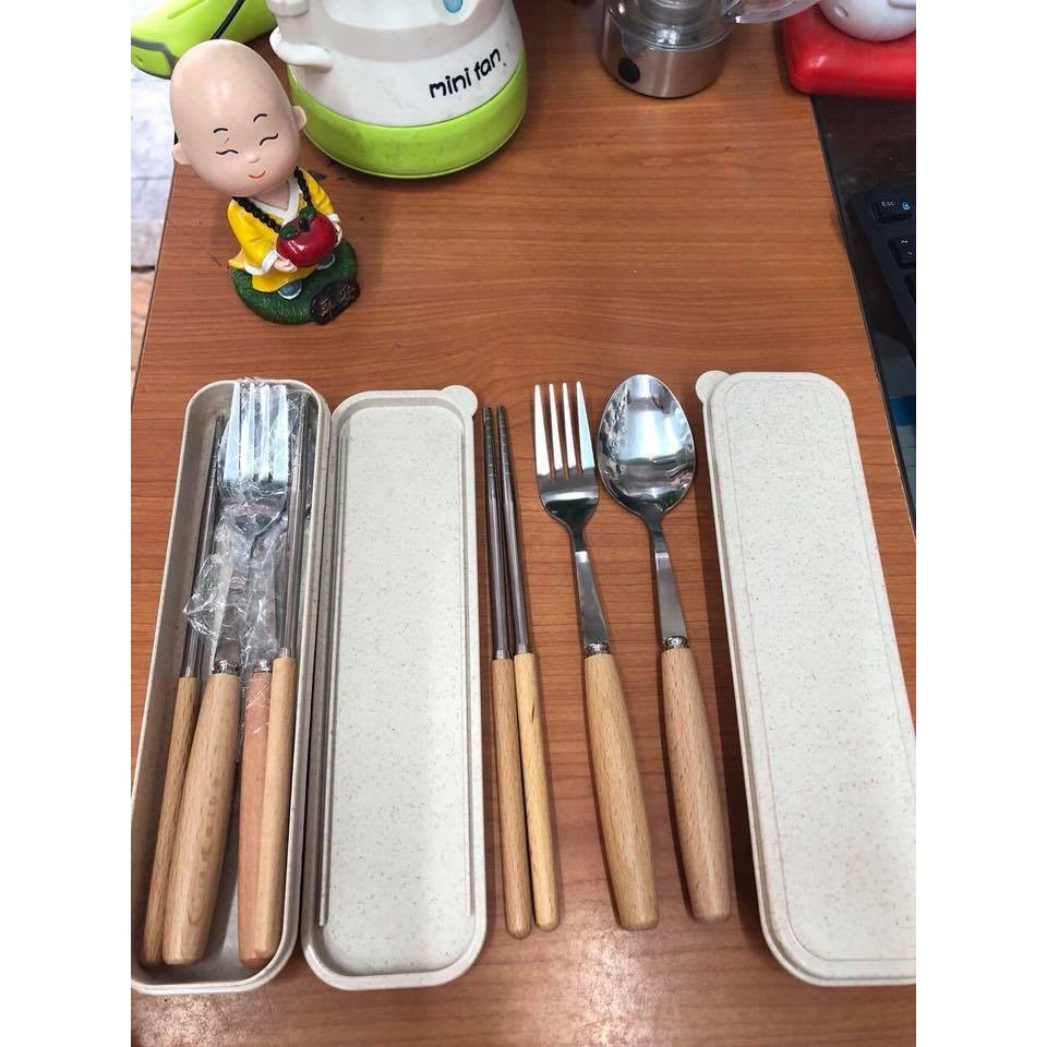Bộ Thìa, Đũa, Dĩa Inox, Tặng Kèm Hộp Lúa Mạch