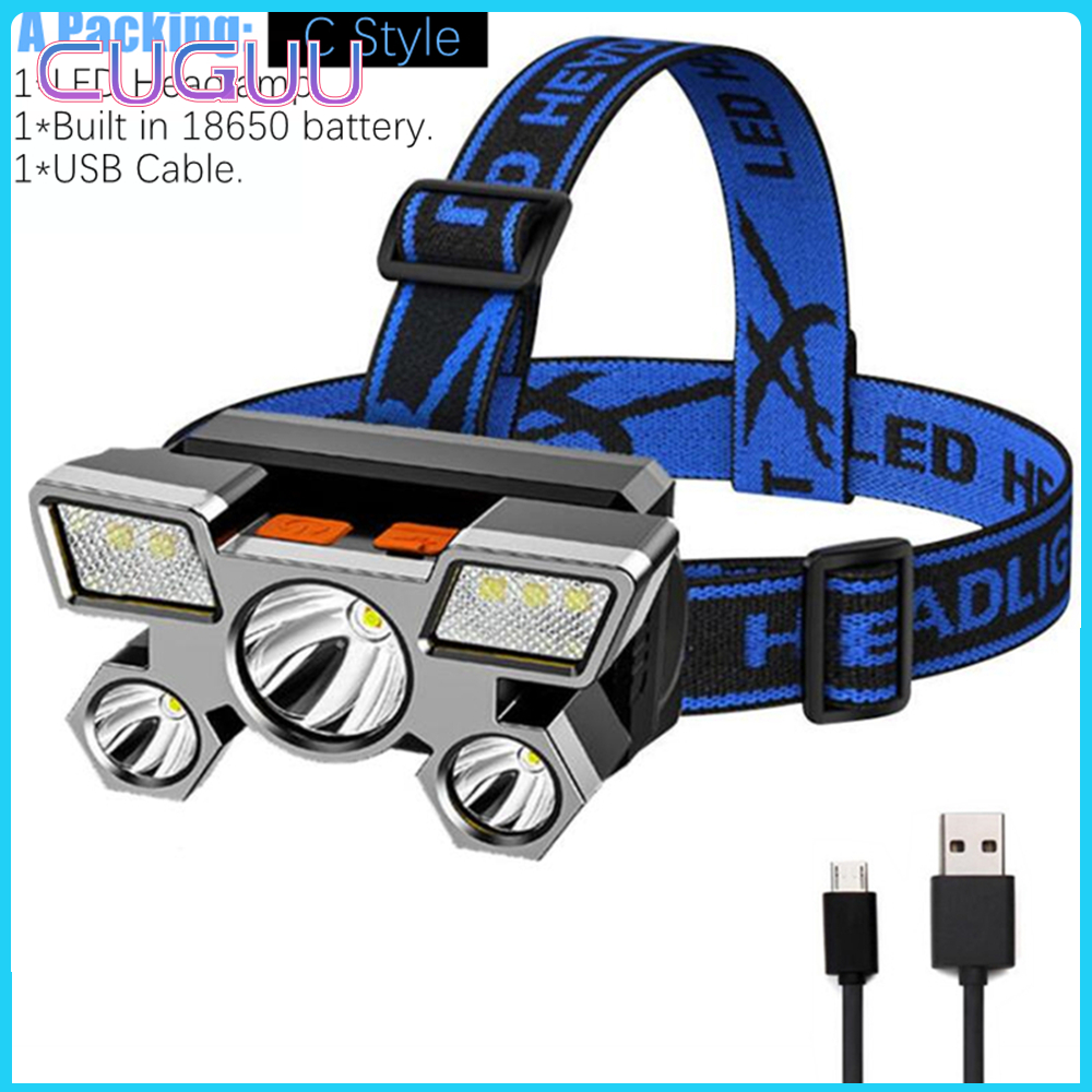 Cuguu 【new hot sale offer】original 5 LEDs ultra light headlight 18650 flashlight built-in USB 4 modes portable flashlight USB lantern lamp flashlight outdoor camping running cycling rechargeable emergency car light