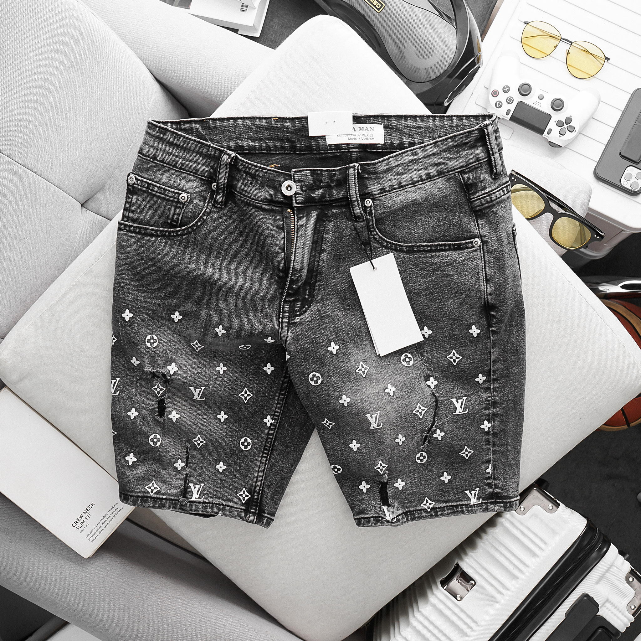 Quần Short Jean Nam Màu Xám Đen Lửng Slimfit Co Giãn Suông