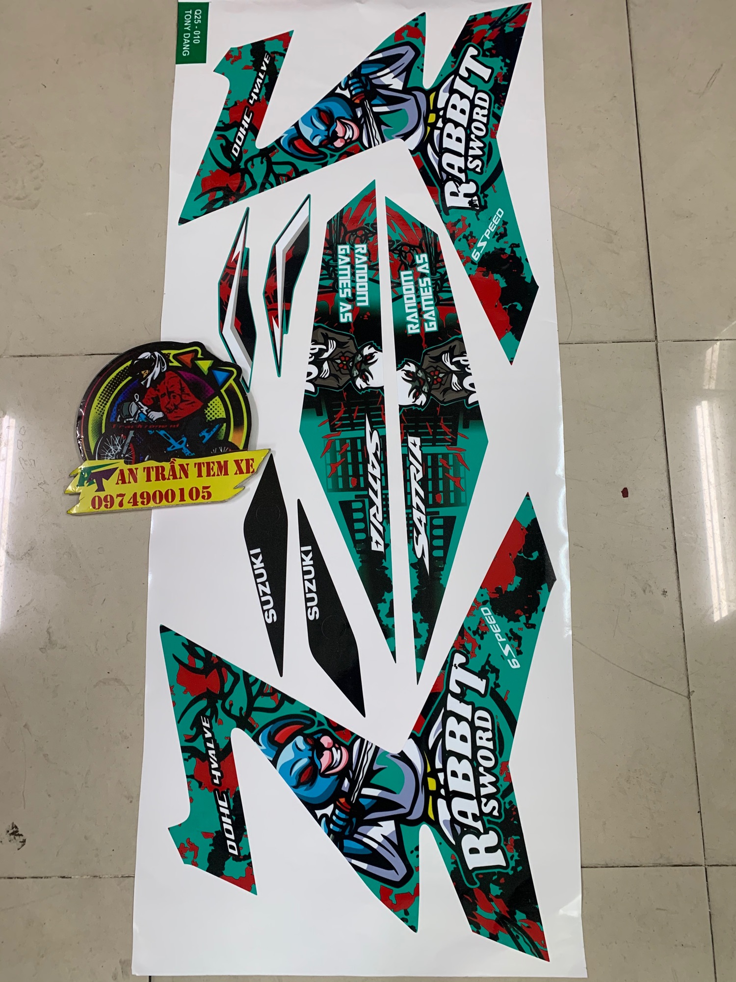 [HCM]Tem rời raider- satria mẫu thỏ rabbit xanh lục bảo in decal 3 lớp bóng cao cấp không bay màu