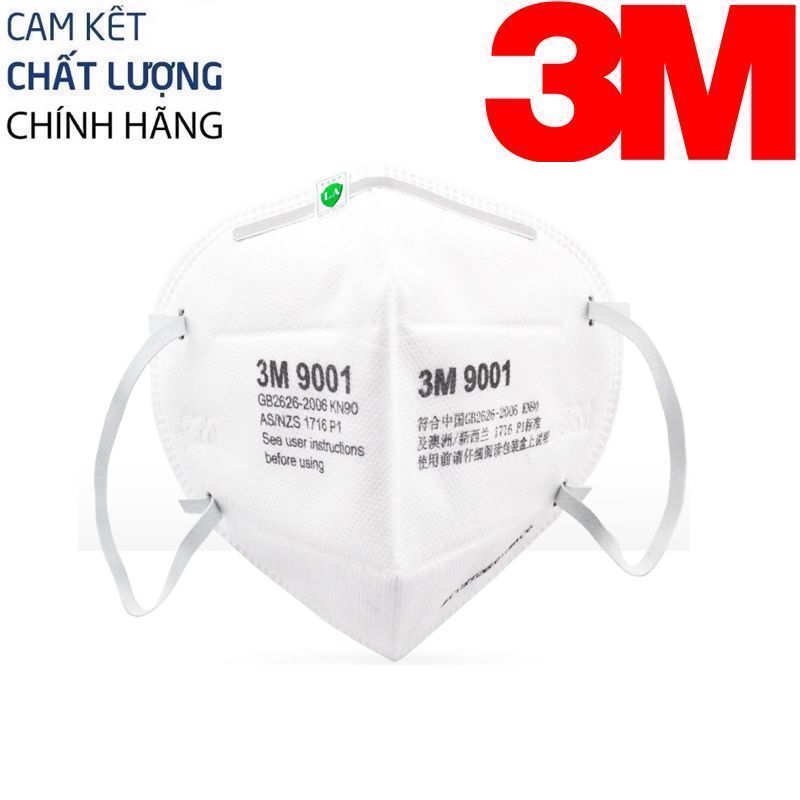 Khẩu Trang 3M 9001 tiêu chuẩn KN90 cấu tạo bằng vải không dệt màng lọc tĩnh điện cấu tạo từ các sợi tĩnh điện siêu nhỏ giúp hô hấp dễ dàng và thoáng mát chống các loại bụi siêu mịn PM2.5, virus, hiệu quả lọc tới 90%