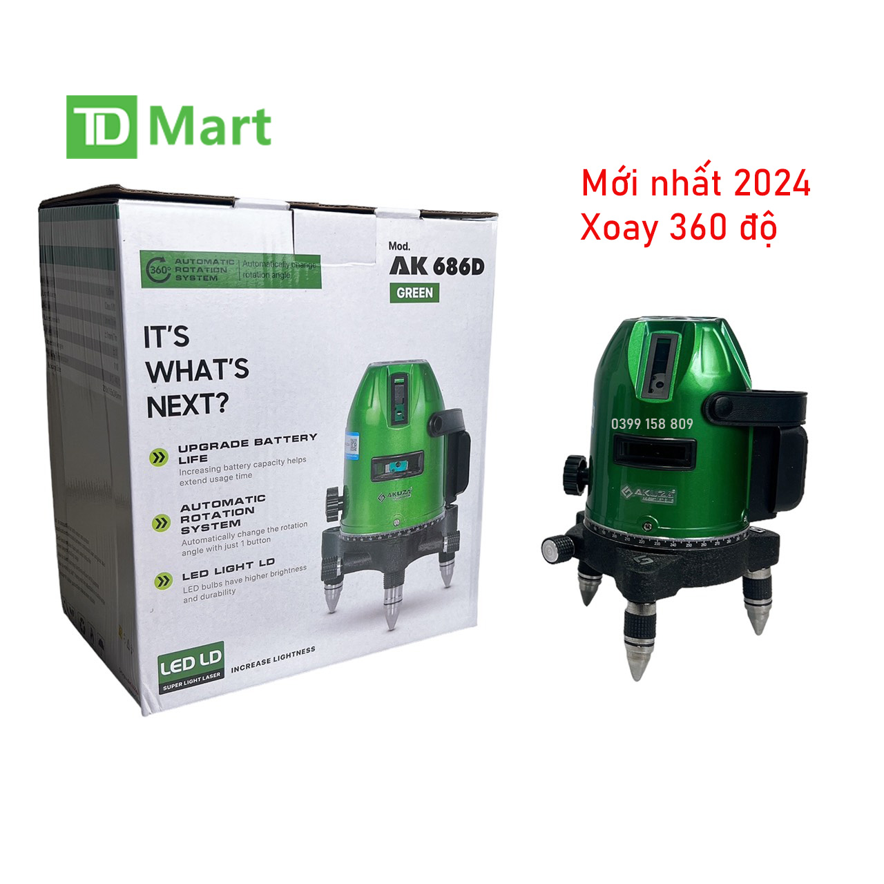 Máy Cân Mực Laser AKUZA AK - 686D hộp nhôm, đo xa 80m , Bắn cốt 5 tia xanh Tặng Kèm Chân Máy