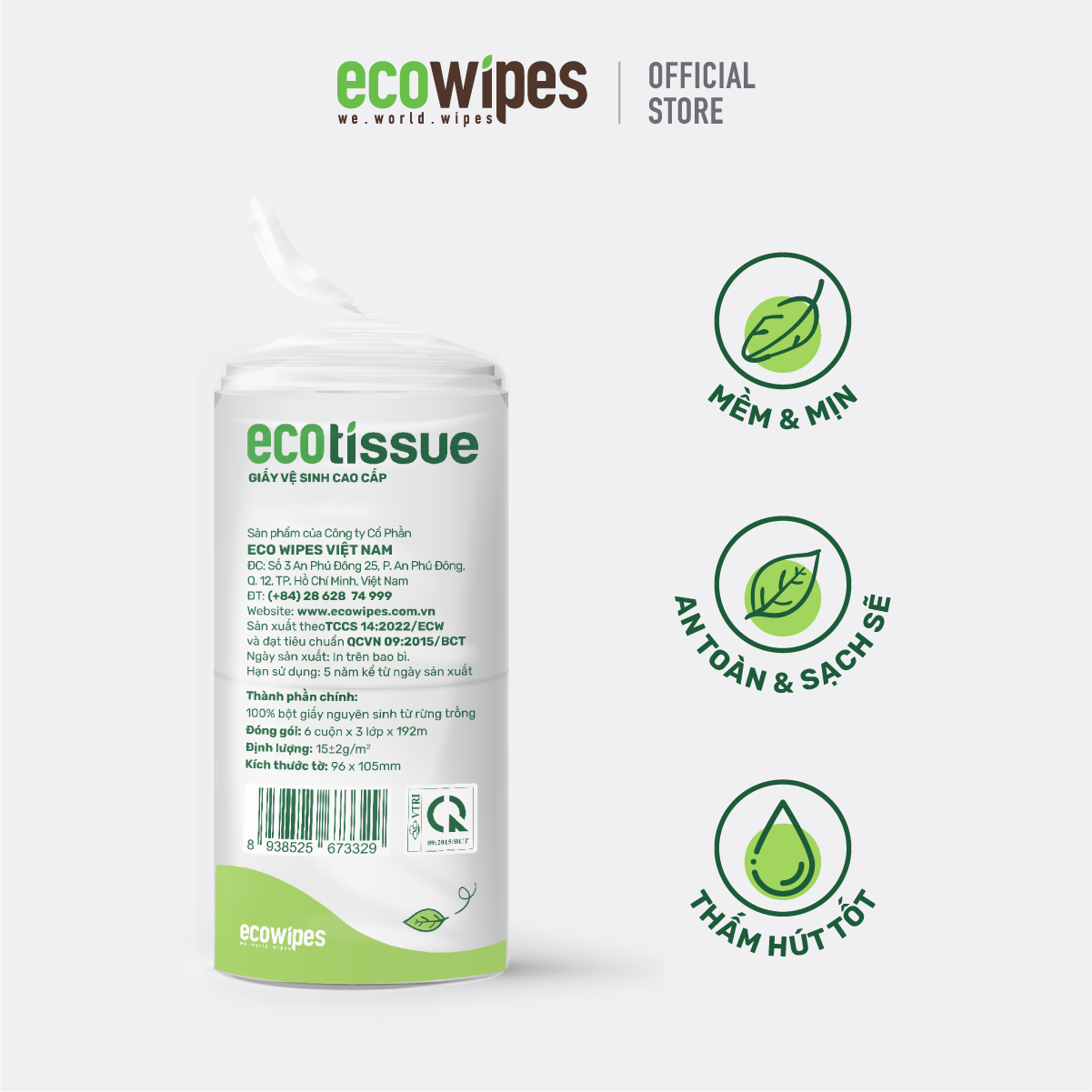 Giấy Vệ Sinh Cao Cấp 3 Lớp EcoTissue - Lốc 6 cuộn