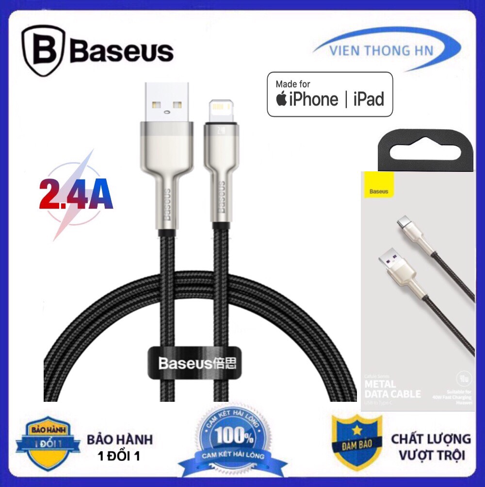 Cáp sạc iphone 2.4a Baseus Metal - dây sạc bọc dù chống đứt dài 1m 2m cho iphone ipad - vienthonghn