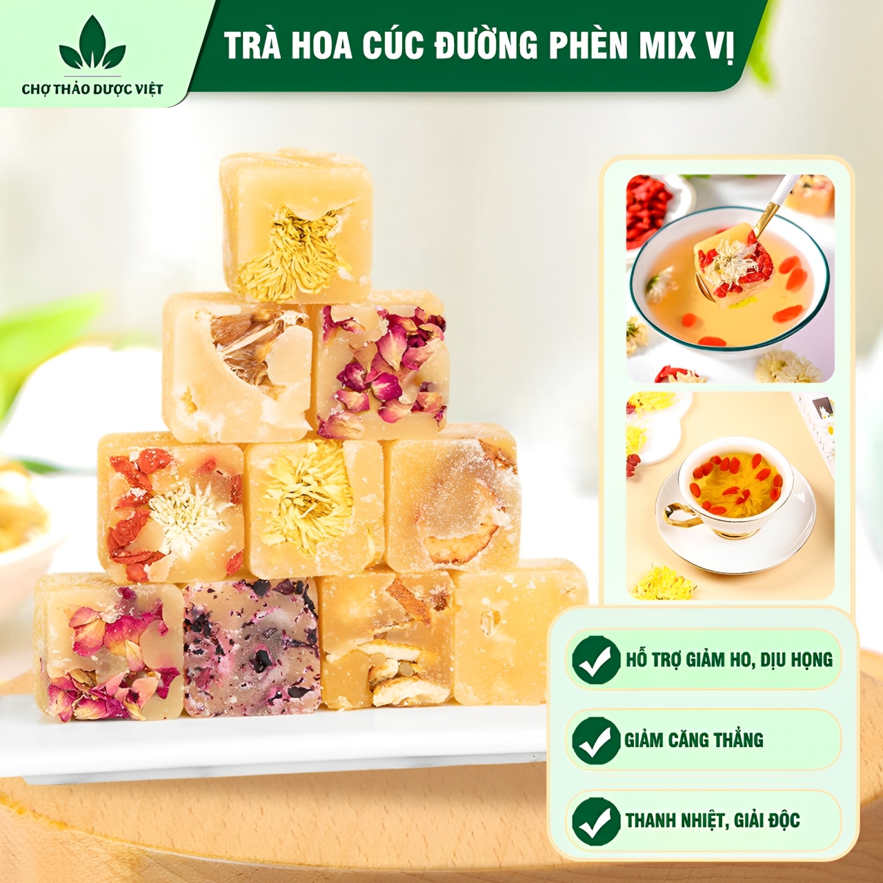 Trà hoa cúc đường phèn mix vị, viên cúc đường phèn thơm ngon hỗ trợ ngủ ngon, thanh nhiệt