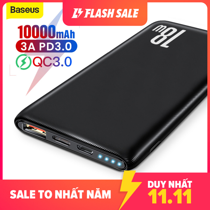 [Siêu Sale][Hàng Quốc tế Chính hãng] Pin dự phòng Baseus 10000mAh Power Bank 18W Quick Charge 3.0 Portable Phone Charger USB Type-C Fast Charging Powerbank for Smartphone