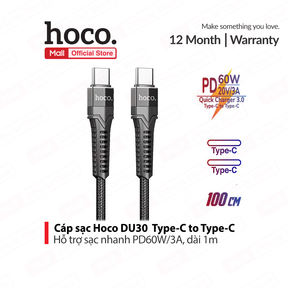 Dây sạc nhanh type-c to type-c hoco du30 hỗ trợ sạc pd60w/3a, truyền dữ liệu dài 1m/2m
