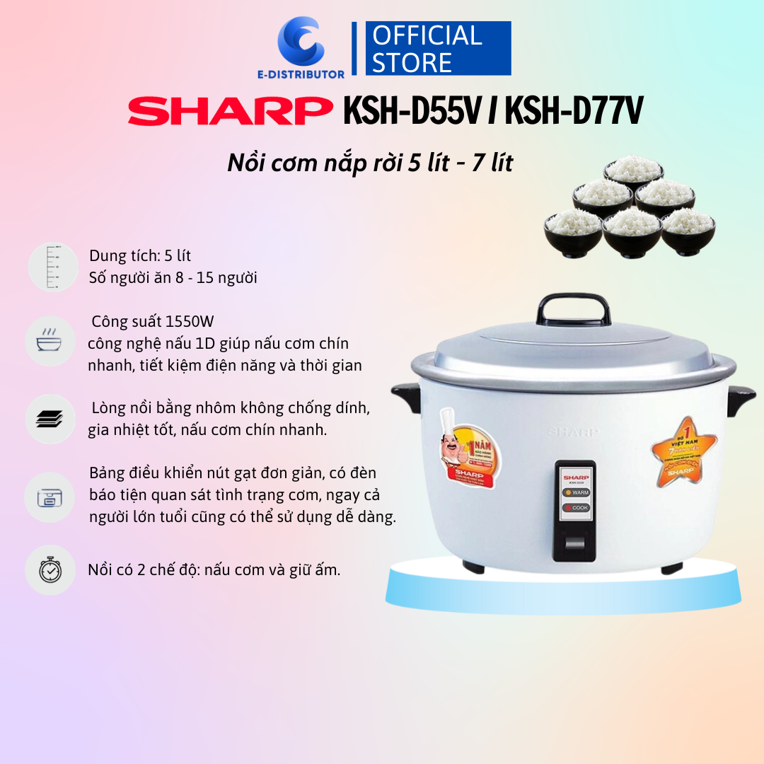Nồi Cơm Điện Nắp Rời Sharp KSH-D55V (5 Lít)/KSH-D77V (7 Lít) - Trắng - Hàng chính hãng