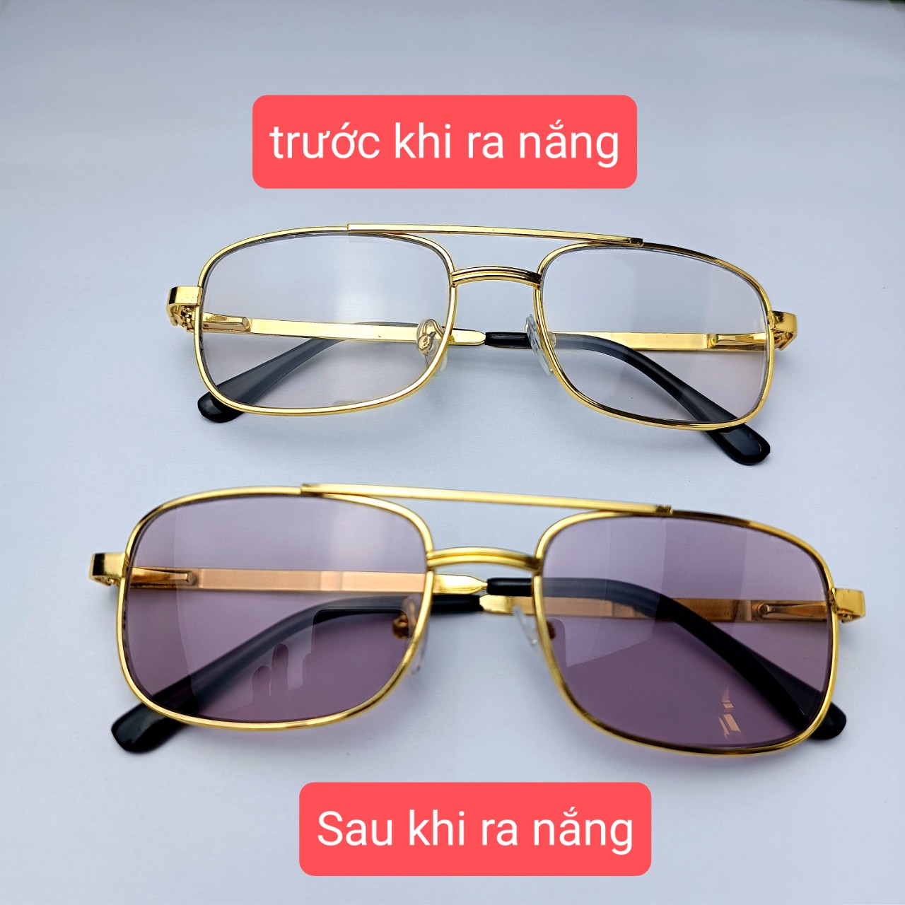 kính đổi màu tròng thủy tinh mặt vuông gọng titan cứng.