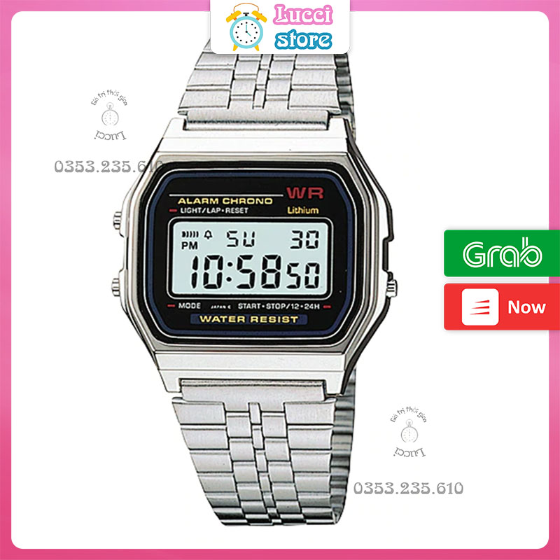 Đồng hồ casio điện tử A159, đồng hồ nam nữ dây thép không gỉ cao cấp full box thiếc