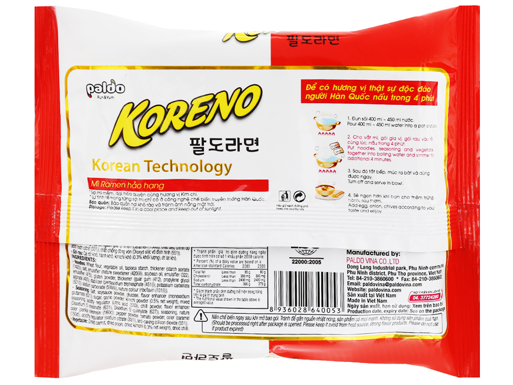 Thùng 24 gói mì Koreno vị kim chi 100g