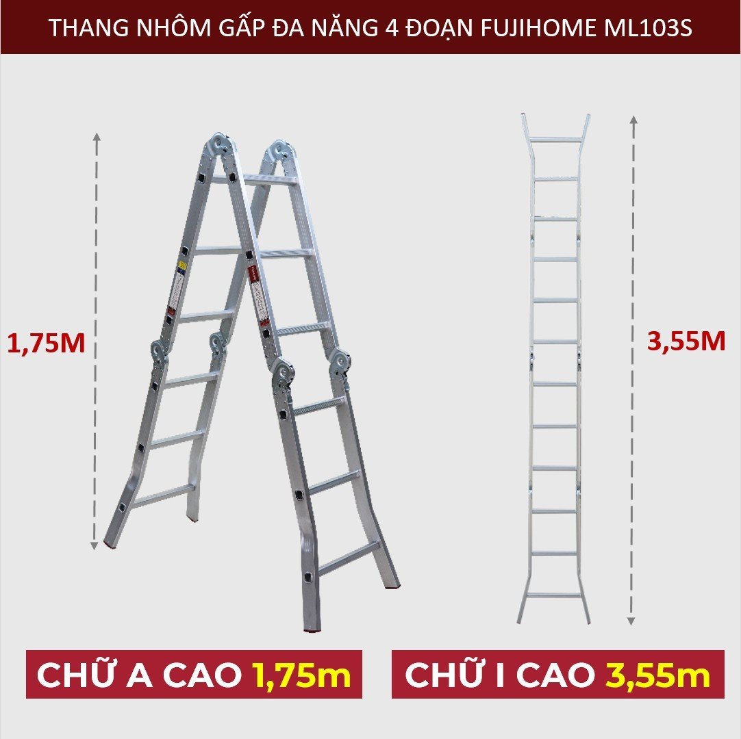 Thang nhôm gấp 4 đoạn Nhập Khẩu 34 mét - 47 mét siêu đa năng FUJIHOME thang chữ M xếp gọn 4 khúc gia đình aluminum ladder
