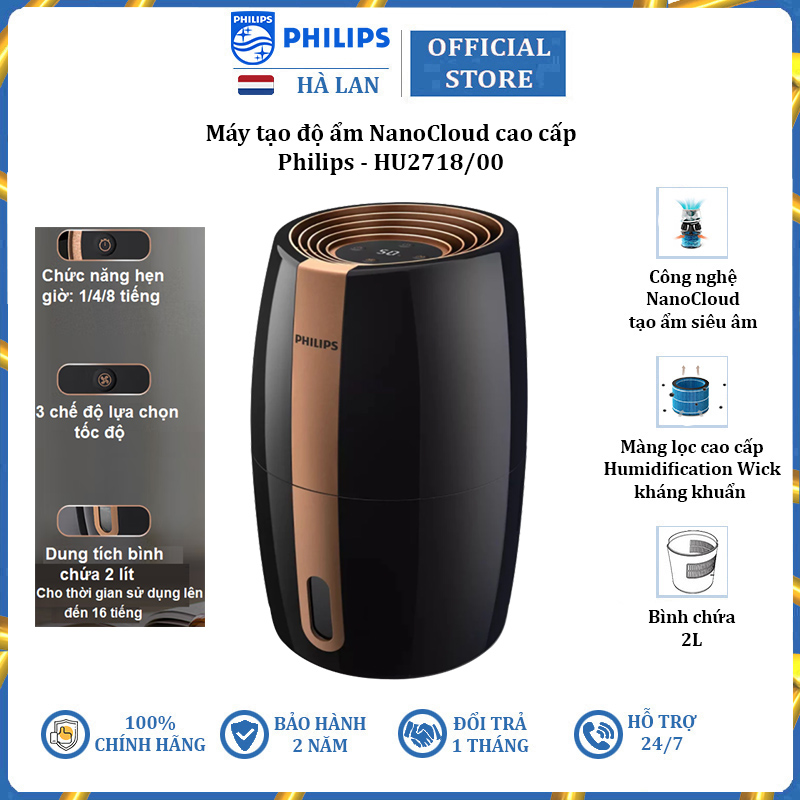 Máy tạo độ ẩm thương hiệu cao cấp Philips HU2718/00 - tích hợp hệ thống bốc hơi tiên tiến công nghệ NanoCloud - HÀNG NHẬP KHẨU (Bảo hành 24 tháng)