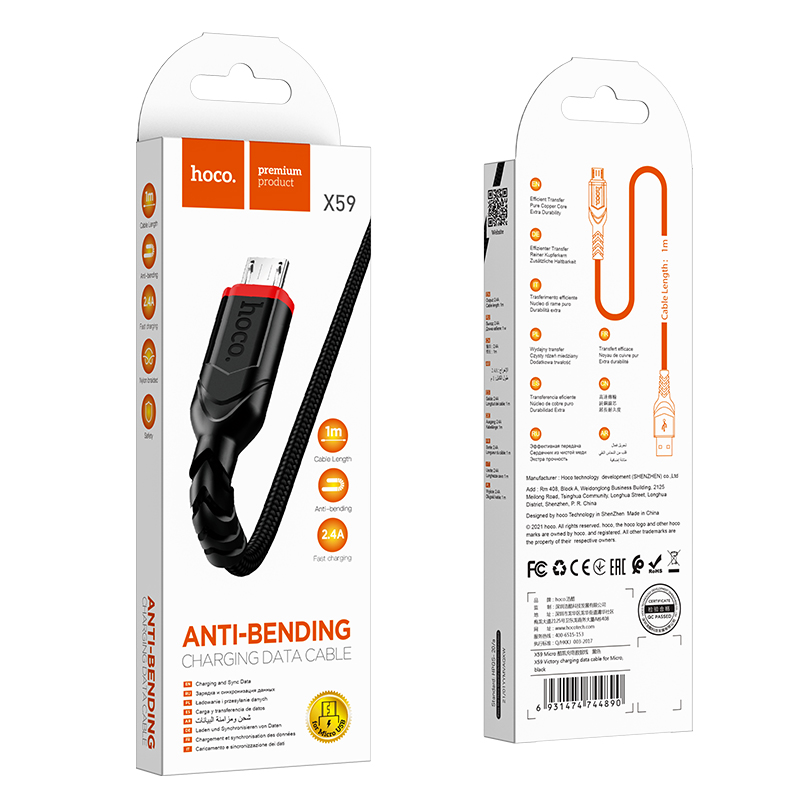 Cáp sạc nhanh 2.4A Hoco X59 chân Micro dây dù siêu bền dài 1M cho Android