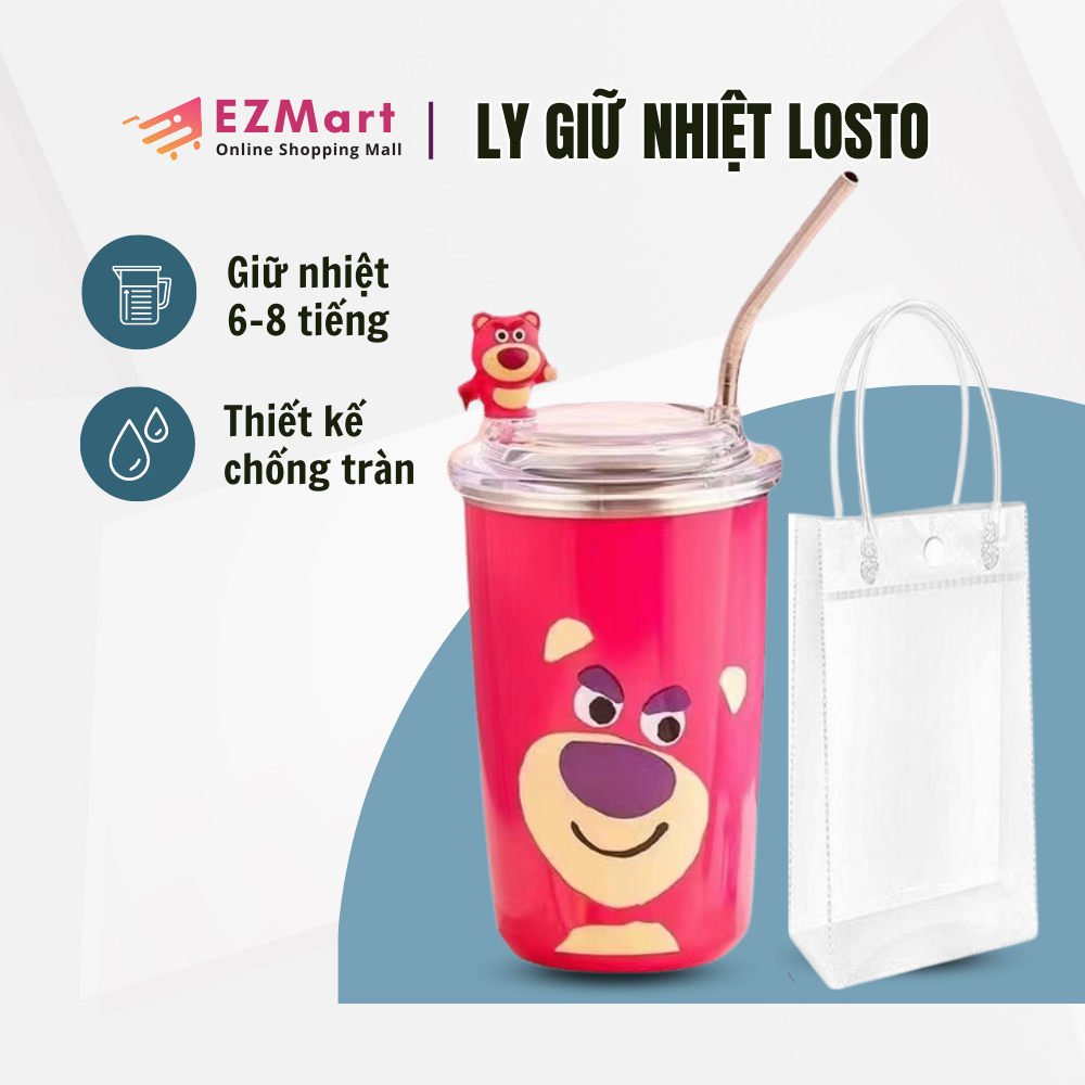 Ly Giữ Nhiệt Hình Hoạ Tiết Gấu Dâu Losto Siêu Xinh Lõi Inox 304 Dễ Thương 450ml Cao Cấp Giữ Nhiệt Nóng Lạnh Từ 8-12 Giờ Kèm Ống Hút Bằng Thép Không Gỉ