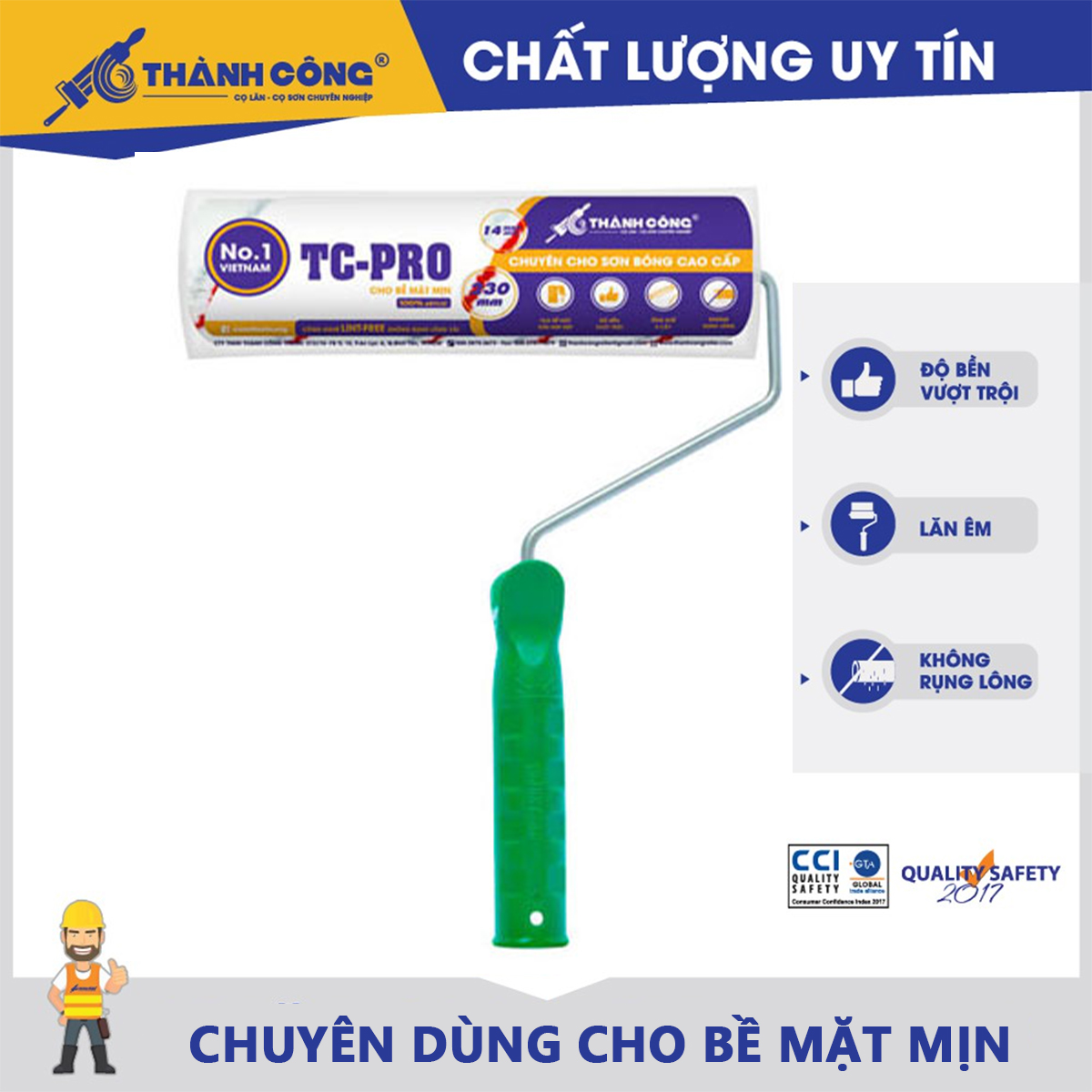 Cọ lăn sơn Thành Công TC-PRO con lăn sơn đa năng dùng cho mọi bề mặt, gồ ghề, sơn mịn, sơn bóng, sơn tường, ít hao sơn, thấm hút tốt, không rụng lông
