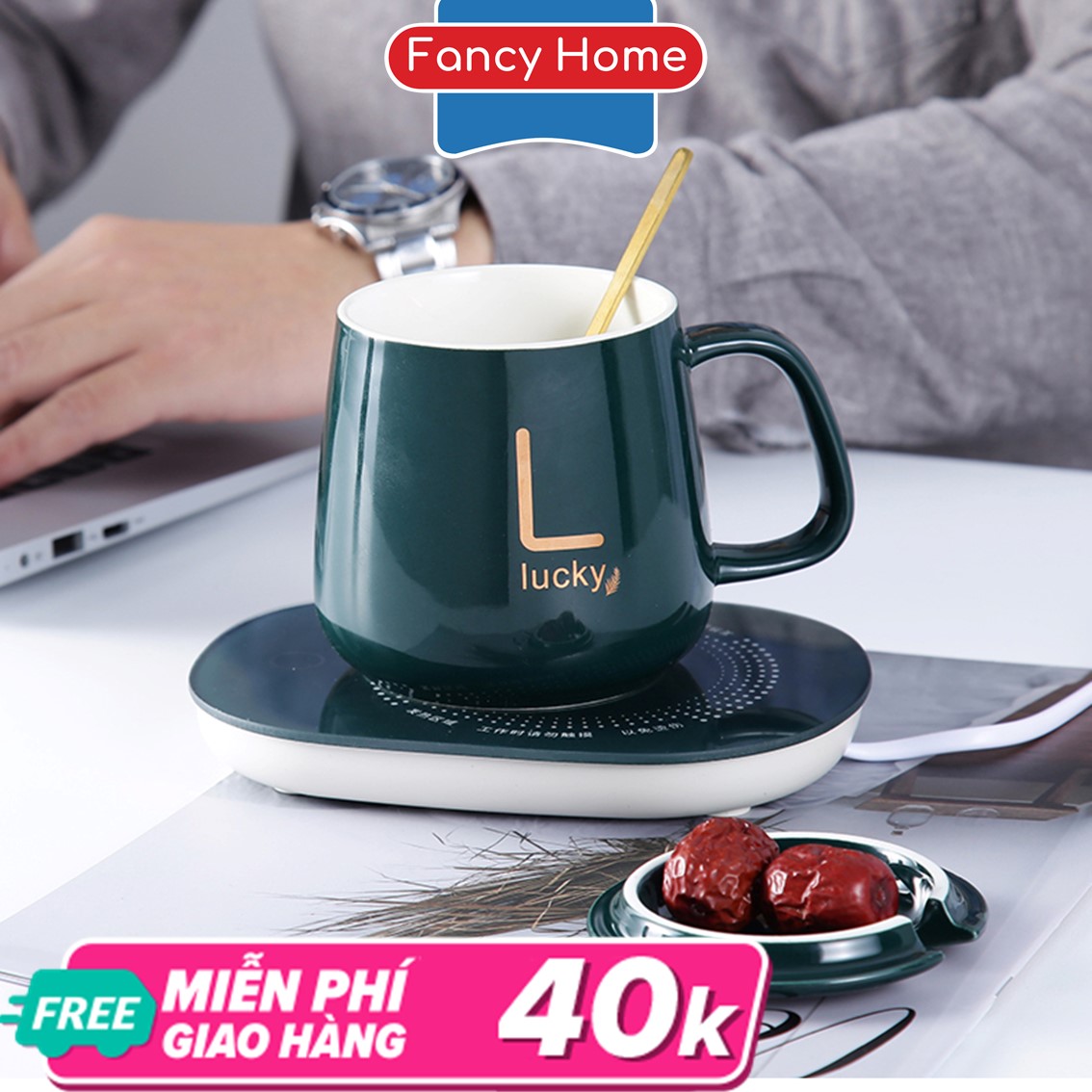 Bộ cốc đế hâm nóng đa năng FancyHome tặng kèm thìa mạ vàng, được làm bằng sứ cao cấp giúp giữ nóng đồ ăn thức uống