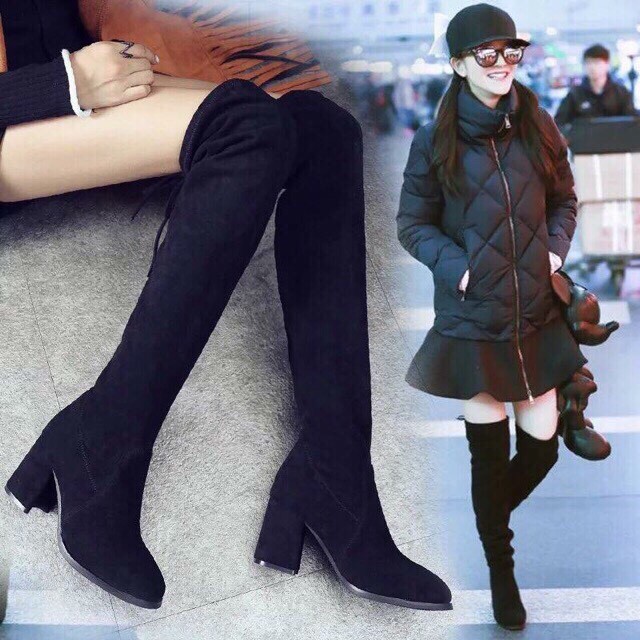 Boots dài da lộn nữ, bốt đùi da lộn đế 5 phân hàng đẹp siêu hót trend