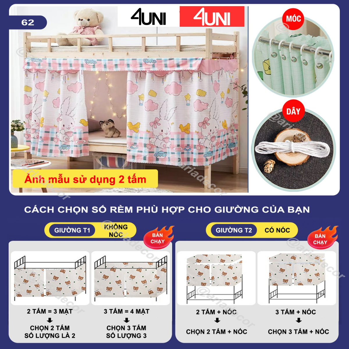 Rèm màn giường tầng ktx sinh viên 1 lớp 4UNI, rèm kí túc xá che ánh sáng, chống muỗi, không cần khoan đục