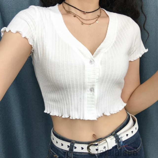 áo croptop đính 3 cúc giả thun gân