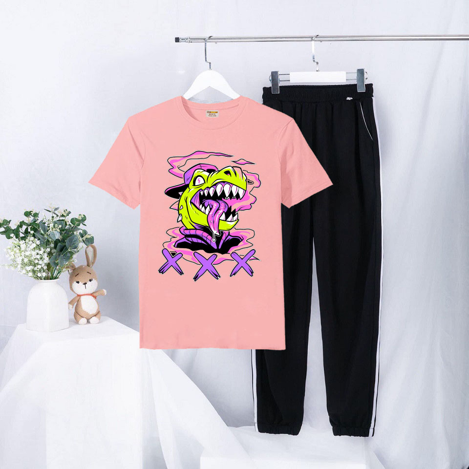 Sét Bộ Đồ Mùa Hè Ulzzang Nữ Xinh Cute Mặc Đi Chơi Dạo Phố, Chất Liệu Áo Cotton Organic Màu Da Ngắn Tay Cổ Tròn In 3D Khủng Long XX Cute Kèm Quần Thun Bo Chun Gấu Hai Rót Phong Cách