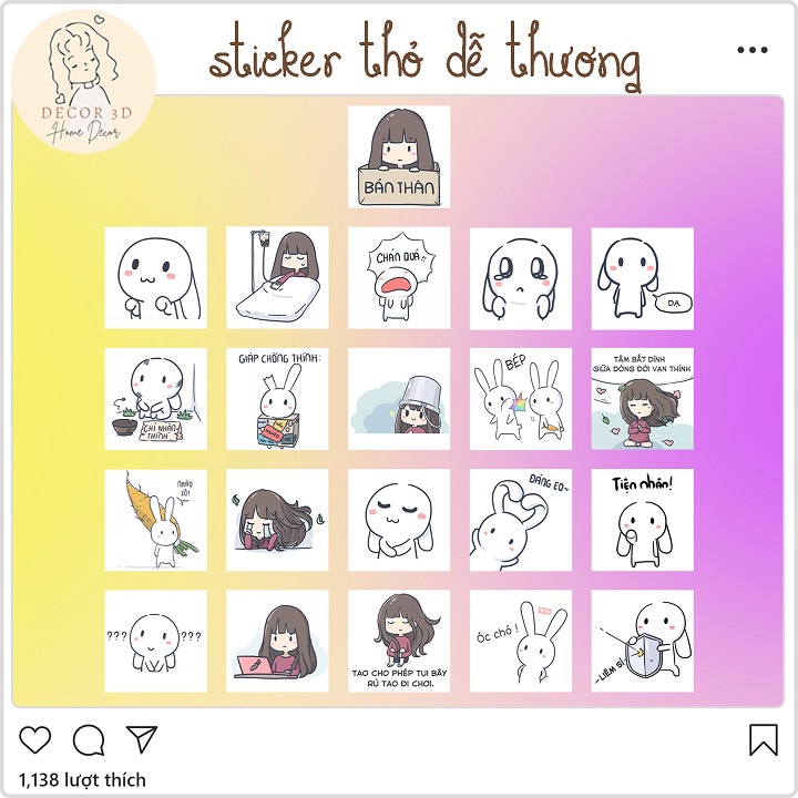 Set 100 Sticker Miếng Dán Trang Trí Hình Thỏ và Xoxo Dễ Thương