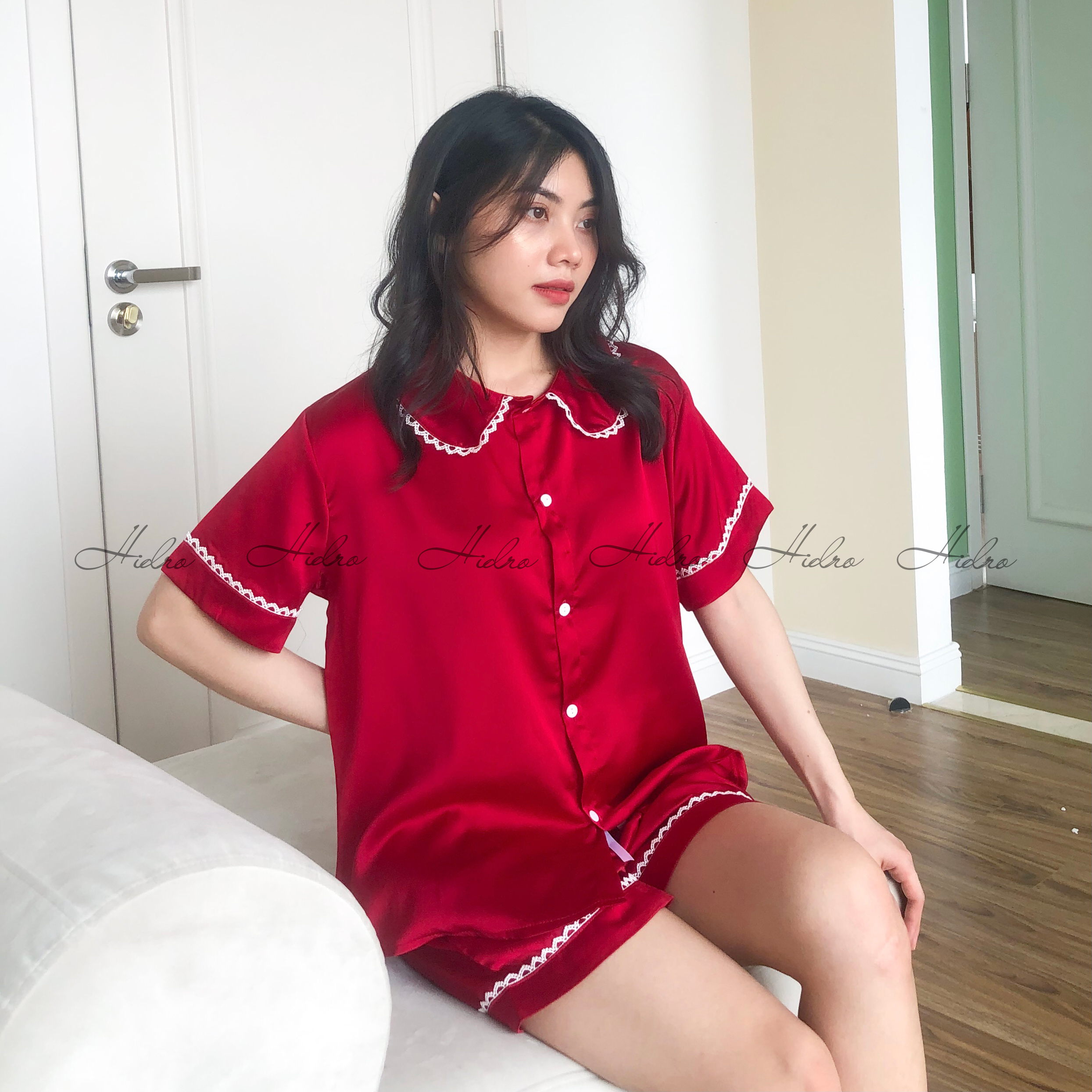 Bộ pijama lụa satin cao cấp viền ren sang chảnh
