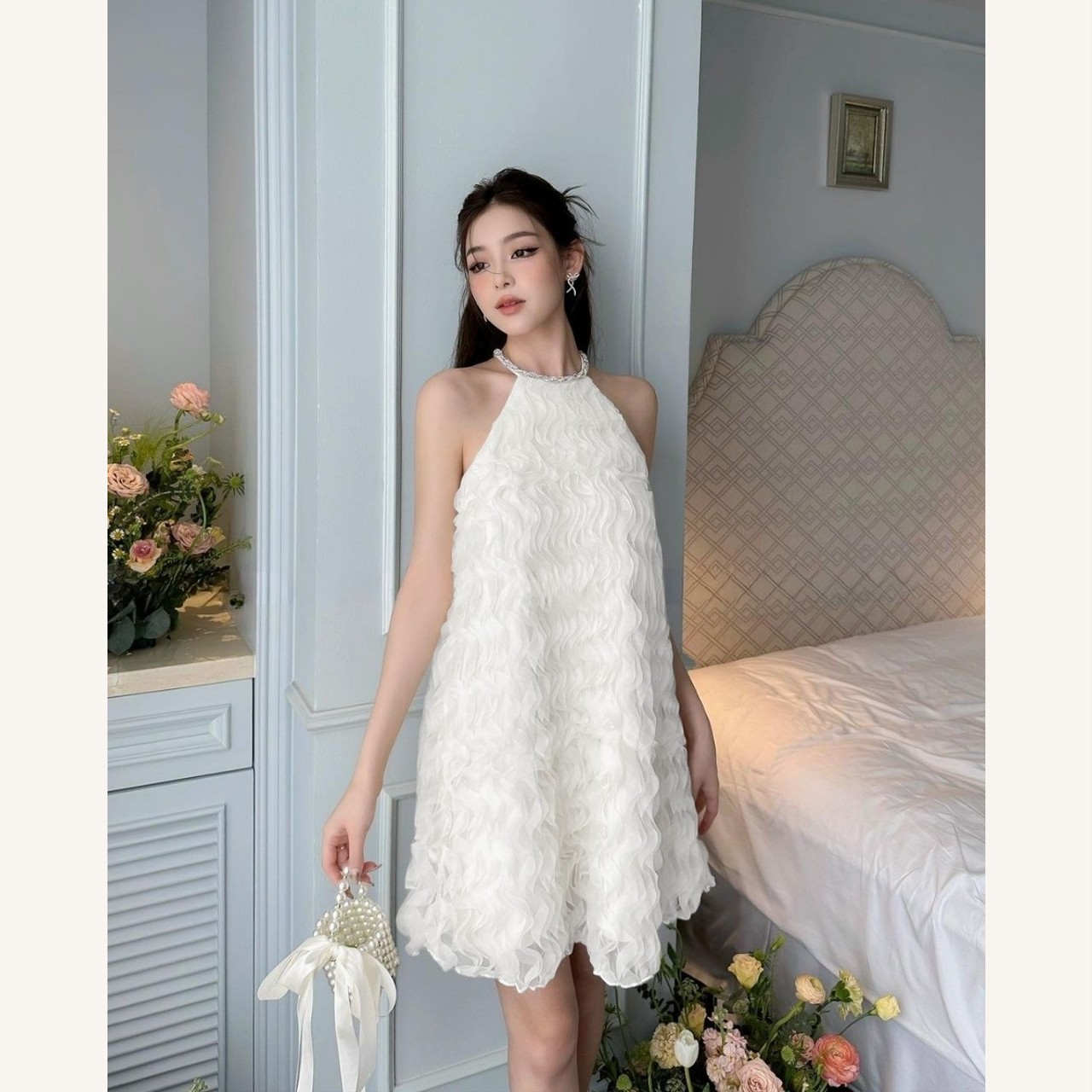 Váy kiểu nữ cổ yếm phối cổ đá dáng xòe Linly Store V-VPC4