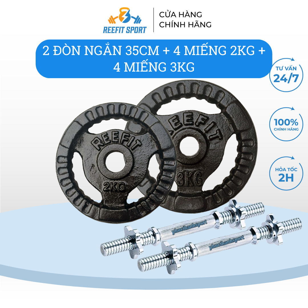 Bộ 2 tạ tay tháo ráp 11.5kg (2 đòn 35cm, 4 miếng 2kg, 4 miếng 3kg)