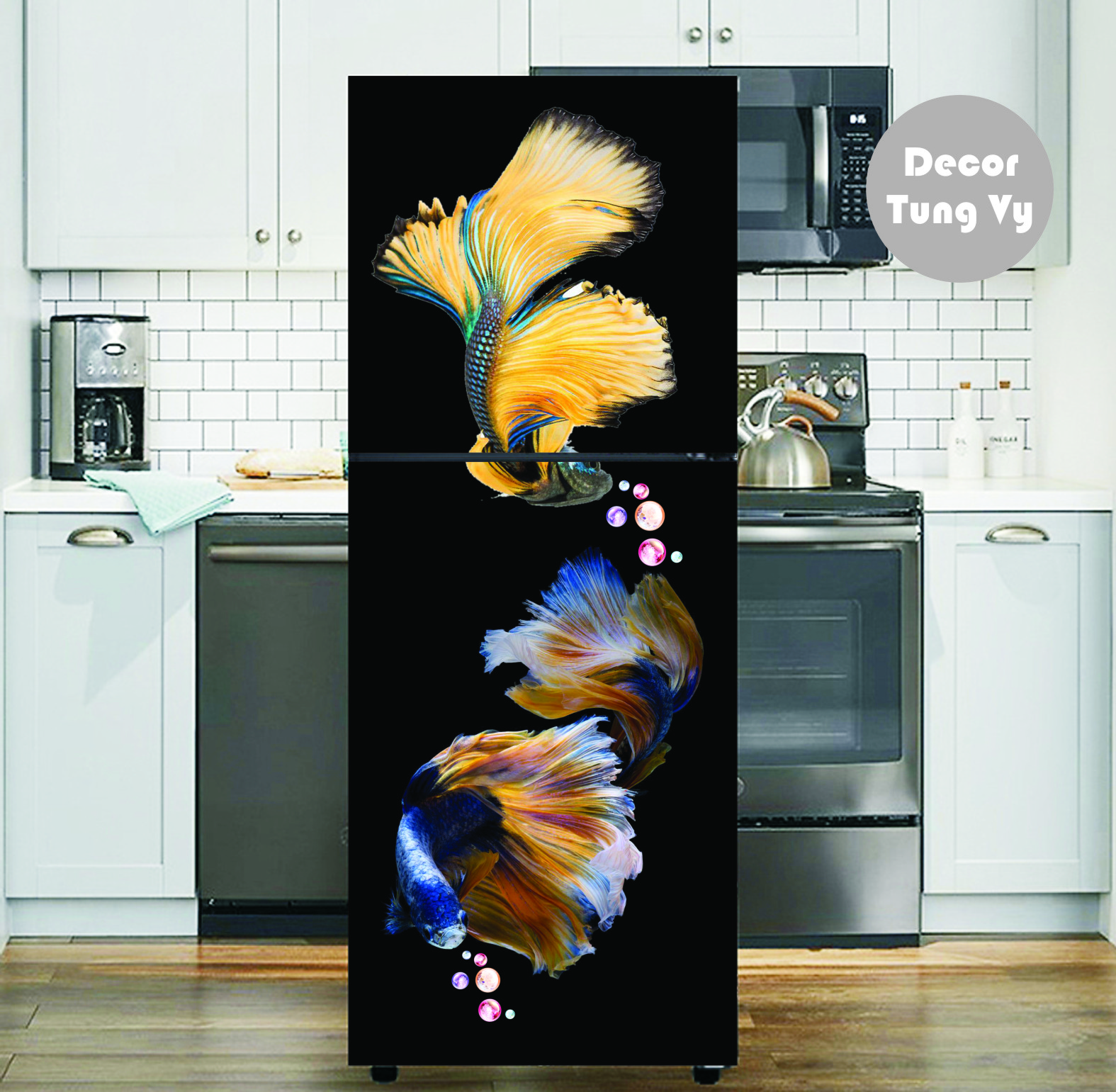 Decal dán tủ lạnh - máy giặt - dán kính - dán tường 1- Thay áo mới cho tủ lạnh bằng những tấm decal dán Tủ lạnh nhà bạn cũng có thể được chăm chút với một chút giấy decal dán. Khi chiếc tủ lạnh đã cũ, hoặc chỉ đơn giản là b