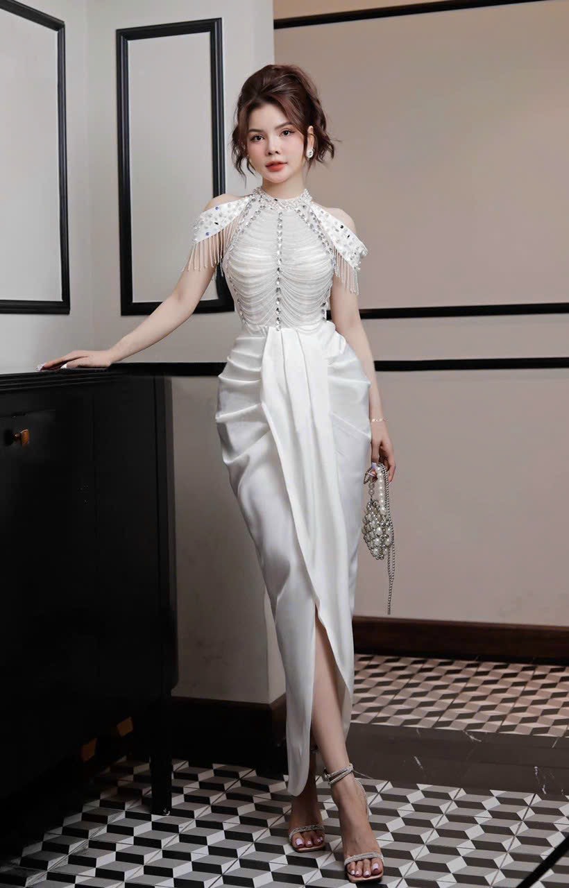 Đầm body dự tiệc tripble t dress midi cổ yếm kết cườm tua rua - size s/m/l - ms468v
