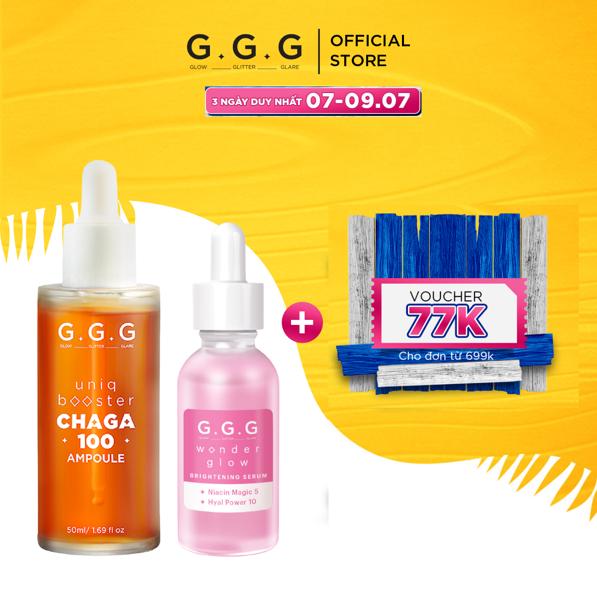Giải pháp phục hồi dưỡng trắng – Combo Tinh Chất serum Trắng Da Phục Hồi và Làm Dịu GGG Uniq Booster Chaga 100 Ampoule & Brightening 50ml &30ml
