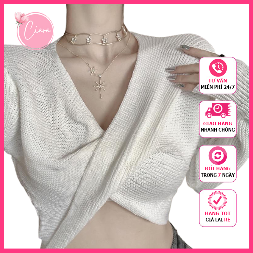 Freeship Áo len croptop nữ sexy tay dài cổ chữ V xoắn ngực 2022 Ciara Shop TB44, áo len kiểu hàn quốc nhiều màu, thích hợp đi chơi.