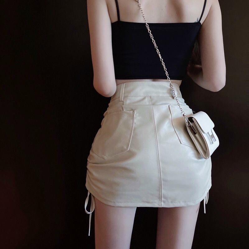 chân váy da dây rút sườn hai bên