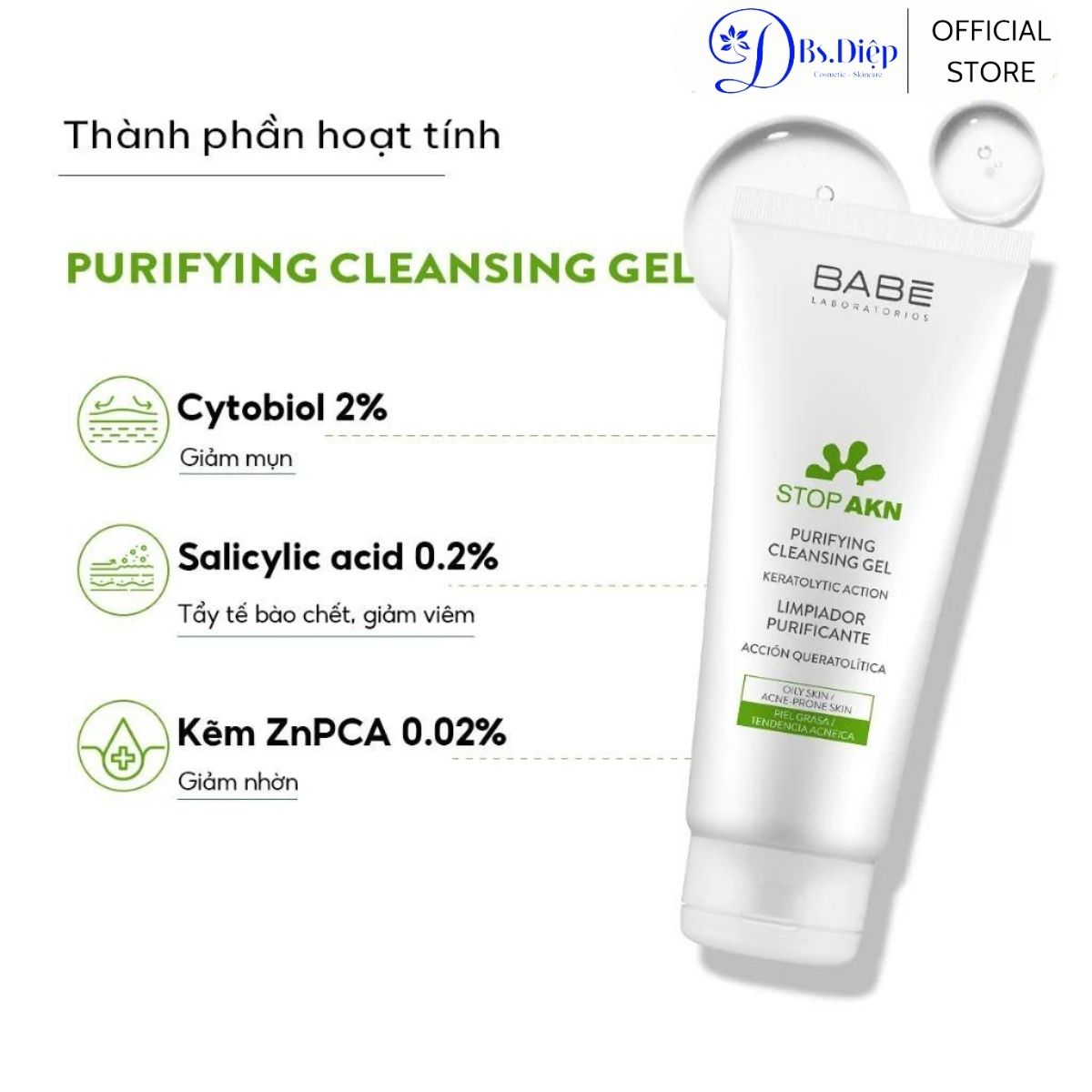 Sữa rửa mặt cho da dầu m ụ n Babe Stop AKN Purifying Cleansing Gel