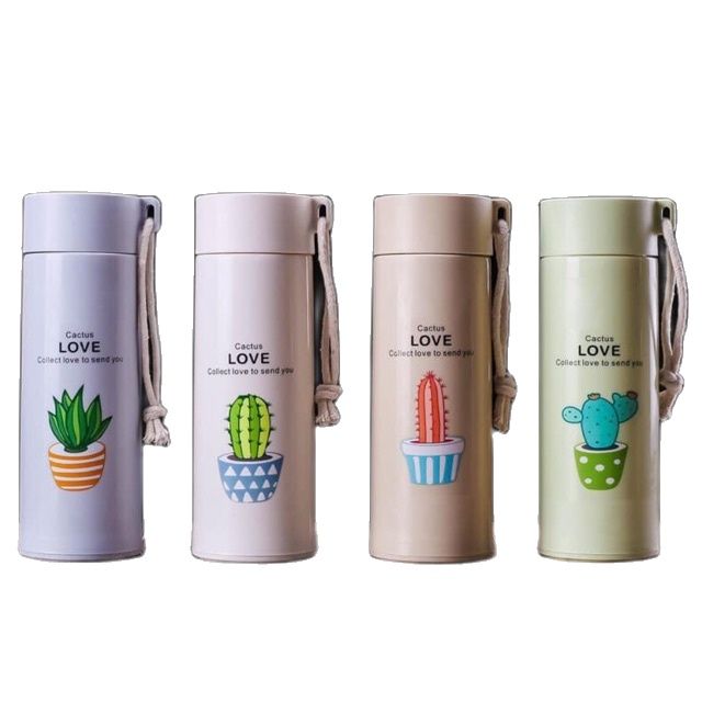 Bình nước giữ nhiệt hoạ tiết xương rồng-Bình Nước Thủy Tinh Bọc Nhựa Cây Xương Rồng 400ML Có Dây Xách