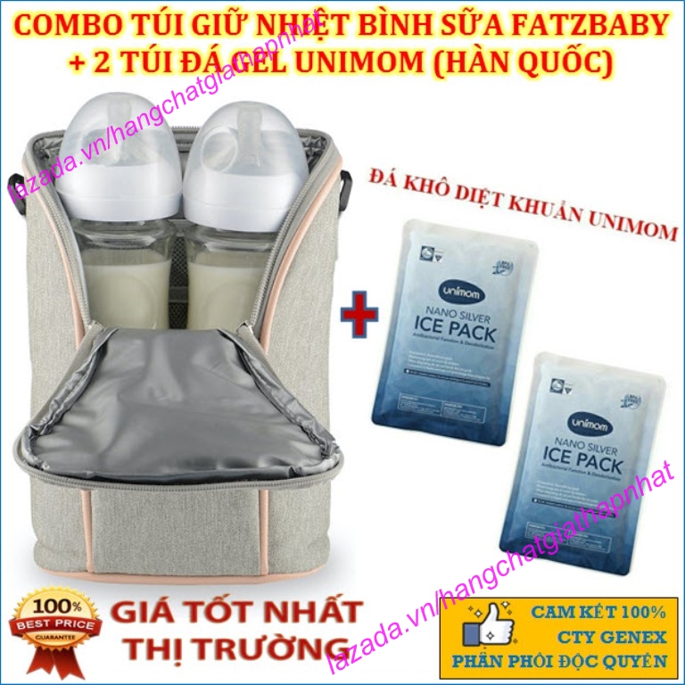 Combo túi giữ nhiệt đôi cho 2 bình sữa có dây đeo fatz fb2016sl - fatzbaby thermo 2 và 2 túi đá khô giữ nhiệt unimom mgg